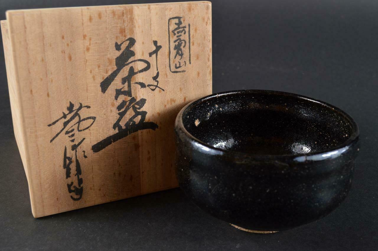 #2101: Japanese Old Raku-ware Black glaze TEA BOWL Green tea tool, auto w/box