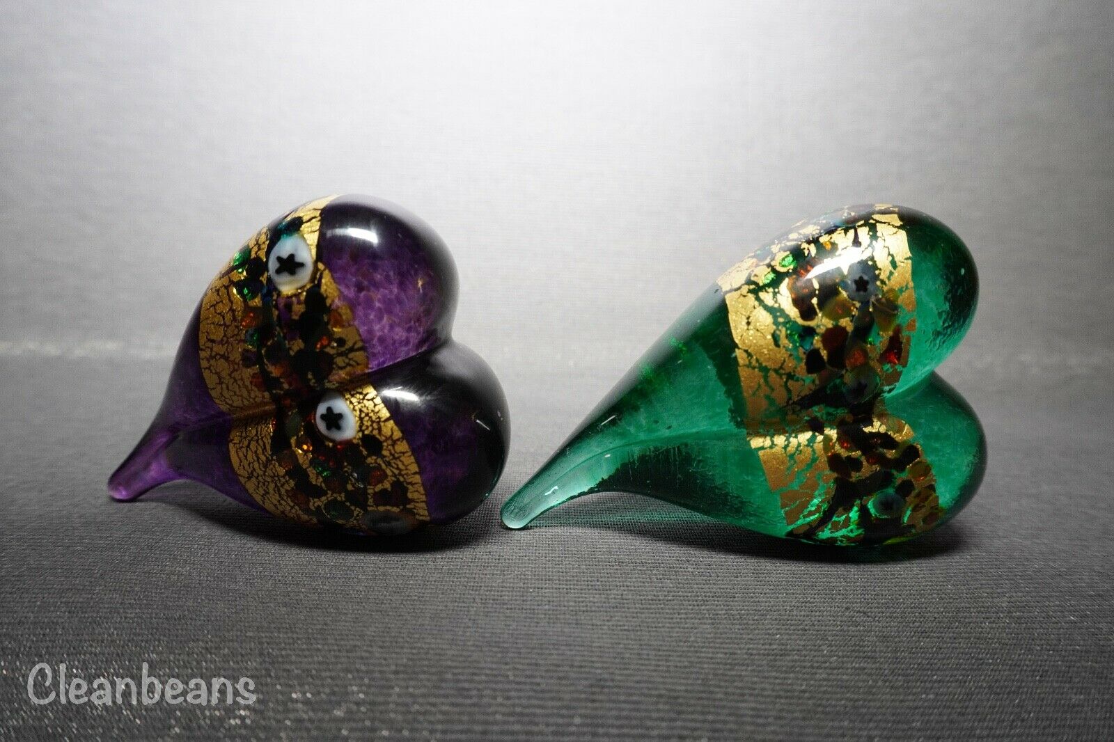 Robert Held Handmade Art Glass Iridescent Heart Shaped Paperweights Signed