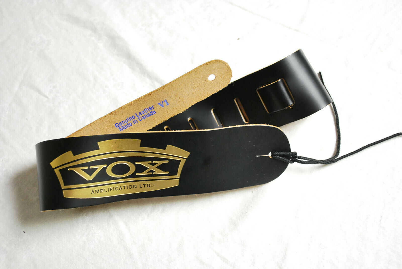 Vintag Rare Vox Amplification Inc Black Leather Guitar Bass Strap. New Old Stock