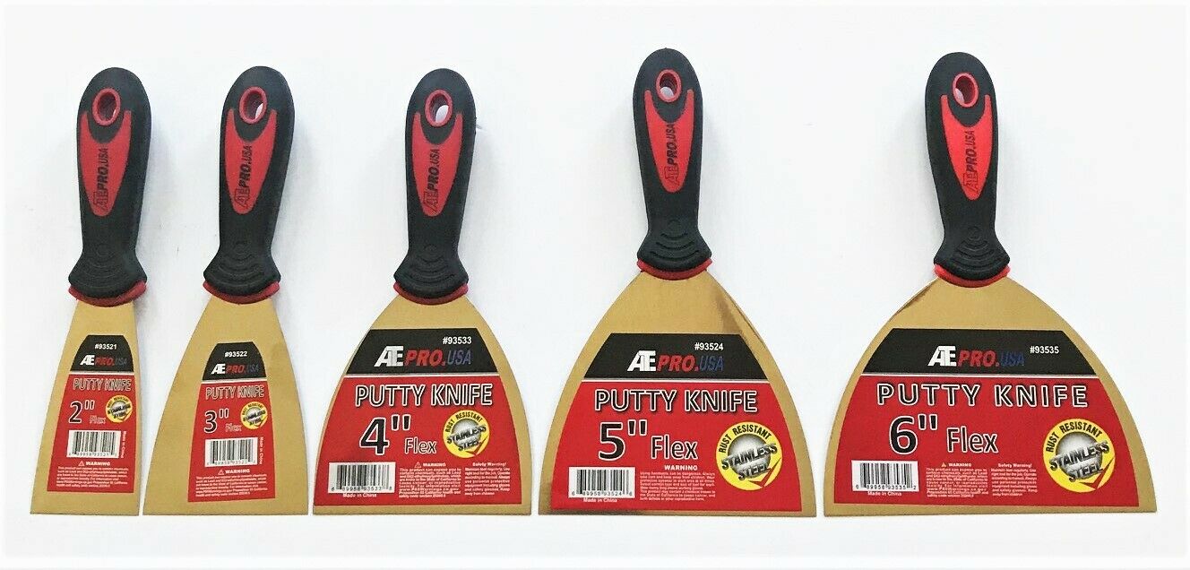 5 ASSORTED ATE PRO FLEXIBLE STAINLESS STEEL PUTTY KNIFE KNIVES SCRAPERS DRYWALL
