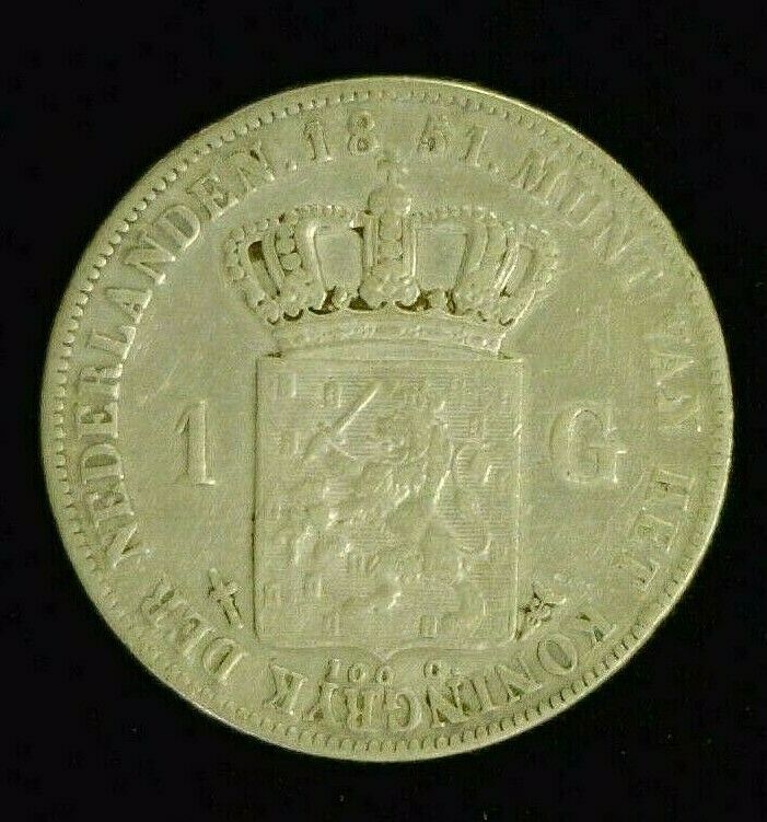 1851 NETHERLANDS SILVER 1 GULDEN KONING III REDUCED 5/4/21  (8235)