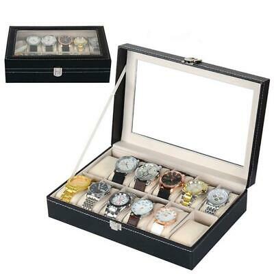 12 Slot Watch Box Leather Display Case Organizer Top Glass Jewelry Storage Black