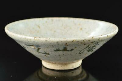 L3733: Japanese Old Kiyomizu-ware Blue&White Poetry TEA BOWL Green tea tool