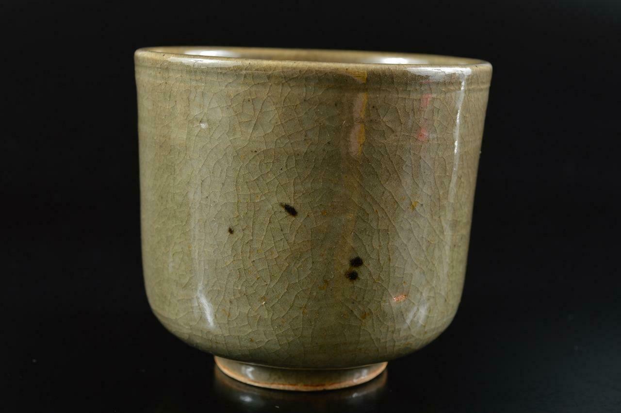 L6262: Japanese Kiyomizu-ware Celadon Cloud Crane inlay TEA BOWL Green tea tool