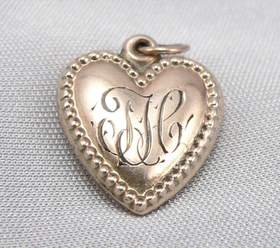 Antique Victorian Puffy Heart Charm Pendant Gold Filled Edwardian Beaded Edge