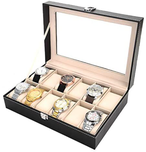12 Slots Watch Box Watch Dislpay Box Organizer, Pu Leather with Glass Top 1 Pack